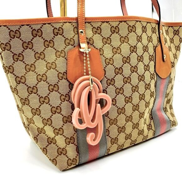Auth Gucci Beige Brown GG Canvas Jolicouer Tote Bag Tan Patent Trim Sherry Line - Picture 5 of 16